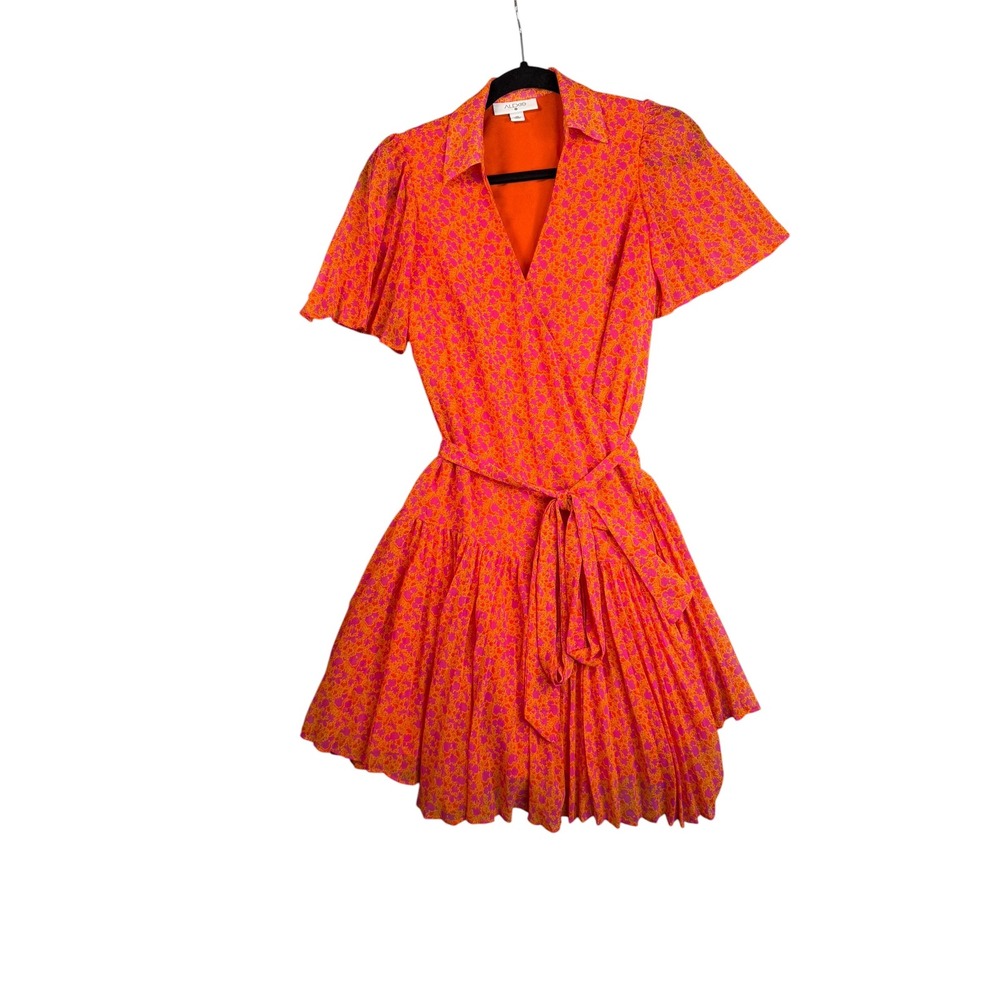 Alexis Orange Pink Floral Pleated Wrap Mini Dress Flutter Sleeve Collared XS